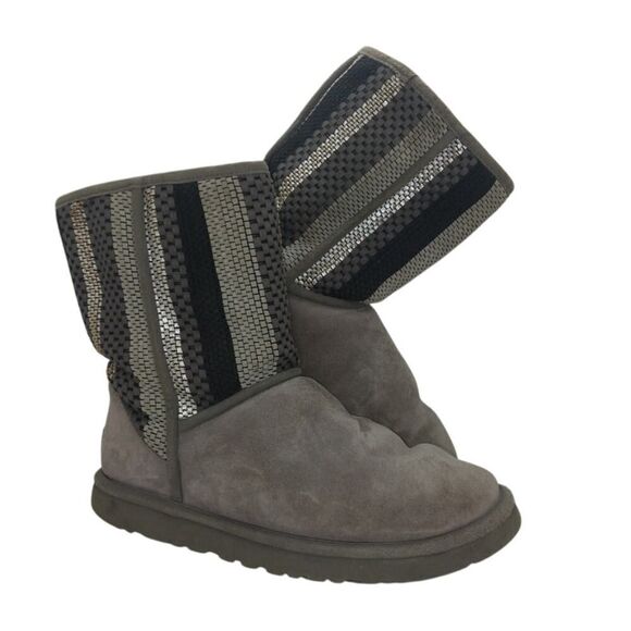 UGGS Australia Womens Classic Short Gray Pattern Suede Shirpa Lined Boots- sz. 8 - Picture 1 of 7